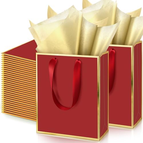 Yeaqee 50 Pcs Metallic Paepr Gift Bags Bulk with Handles,Burgundy Gold by Yeaqee