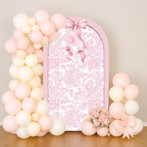Pink Floral Arch Backdrop Cover Toile Bride to Be Baby Shower Girl Party Chiara Arched Frame Bow Flowers 1st Wedding Birthday Parties Decorations (6.6FT,4383) by afoloa