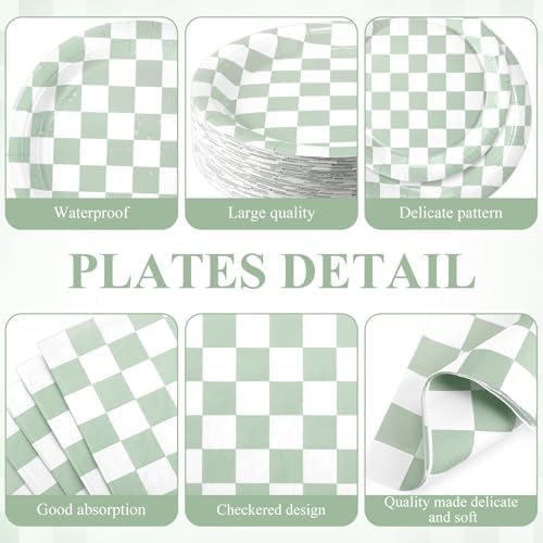 Funnymoom 452 Pcs Sage Green Gingham Party Supplies for 50, Light Green and White Checkered Gingham Paper Plates Napkins Cups Tablecloth Cutlery Straw for Picnic Birthday Baby Shower Decoration - Image 2
