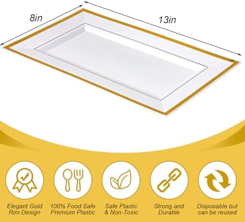 Uiifan 30 Pcs Disposable Plastic Serving Tray, White Gold Rim, 8 x 13 Inch - Image 2