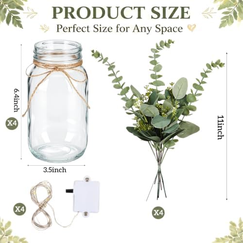 4 Sets Eucalyptus Mason Jar Centerpiece with LED Lights for Wedding - Image 2