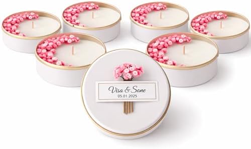 Personalized Natural Soy Wax Wedding Favor Candle Gift Set for Guest - Fall Winter Christmas Custom Dried Flower Bridal Baby Shower Gifts in Bulk (20 Pieces, Pink Flower) by MoreAndMoreFavors