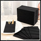 60 Pcs Black Linen-Feel Paper Napkins with Built-in Flatware Pocket, Pocket Linen Napkin Prefolded Cloth Like Paper Napkins Bulk for New Year Silverware Birthday Bathroom Weddings Party (Pack of 2) - Image 3
