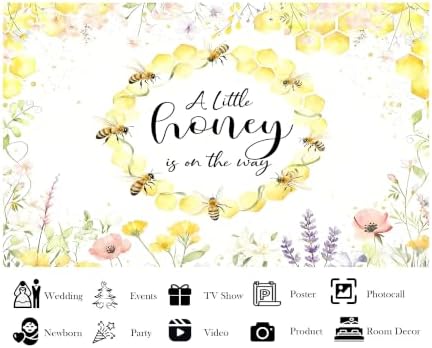 10x8ft Fabric A Little Honey is On The Way Baby Shower Backdrop Bee Honeycomb Watercolor Wild Floral Background for Baby Shower Party Decorations Wall Tapestry Photo Shoot Studio Props - Image 3