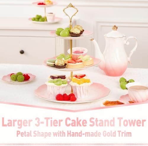 DUJUST Luxury Larger 3-Tier Cupcake Stand Tower, British Style Porcelain Serving Tray with Golden Trim, Food Grade Dessert Display Stand for Tea Party & Home Décor - 45% Gradient Pink Larger Plates - Image 2