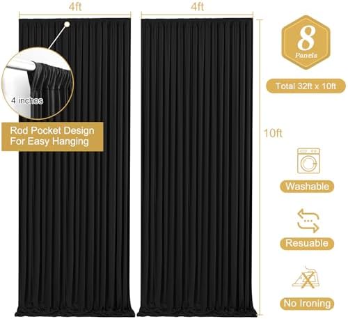 Black Backdrop Curtain 8 Panels-Wrinkle-Free Black Curtains Polyester Photography Drapes for Wedding Birthday Party Photo Background Backdrop Stand- 32 X10FT - Image 2