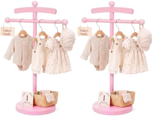 Marsui 2 Sets Wooden Baby Clothes Display Stand with 3 Hangers Plaque, Pink by Marsui