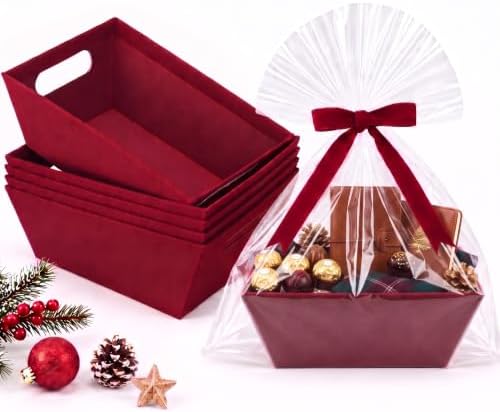 Mimorou 6 Pack Velvet Baskets for Gifts Empty to Fill, Burgundy Red Baskets by Mimorou