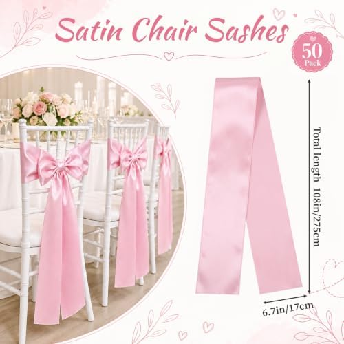 50 Pcs Pink Satin Chair Sashes 6 x 108in Chair Bows for Wedding - Image 3