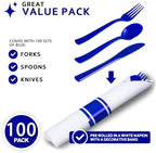 400PCS Pre Rolled Blue Plastic Silverware Set Heavy Duty for Wedding - Image 2
