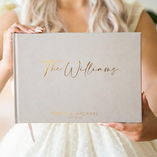 Personalized Foil Wedding Guest Book - 11.5 x 8.5 Custom Taupe Colored Guestbook with Customizable First Last Name Date Cover, Hardcover Photo Book for Sign in at Reception Baby Bridal Shower Party by ModernAlbumDesigns