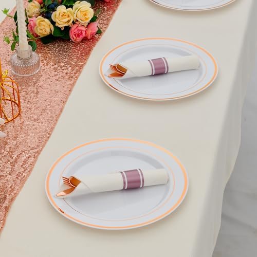 100 Pack Pre Rolled Rose Gold Plastic Silverware Set with Napkins,Disposable Wrapped Heavy Duty Cutlery Set for Wedding Birthday Party-100 Forks,Knives,Spoons,Utensils Set,Plasticware Bulk - Image 7