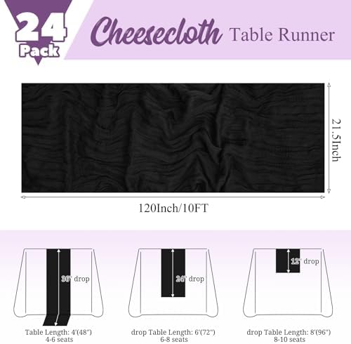 24 Pack Black Table Runner 10Ft Cheesecloth Table Runner Rustic Gauze Table Runners Romantic Long Sheer Fabric Cheese Cloth Table Runners for Wedding Party Bridal Baby Shower - Image 2