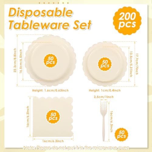 200Pcs Ivory Paper Plates and Napkins Party Supplie, Scalloped Tableware Set Serves 50 Guests, Paper Plates Forks Cocktail Napkins for Bridal Shower Baby Shower Wedding Birthday Party - Image 3