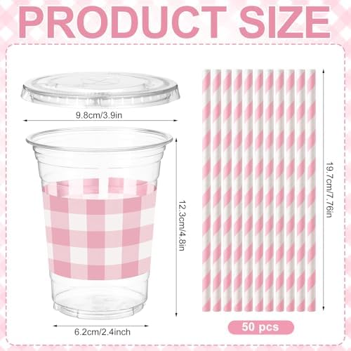 Sliner 50 Sets 16oz Pink White Gingham Party Plastic Cups - Image 3
