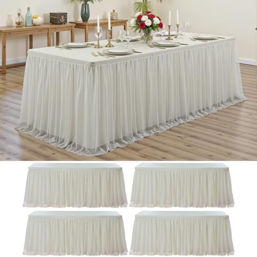 Ivory Tulle Tablecloth for 6 Ft Rectangle Tables 4-Pack, Ideal for Weddings by PartyVillage