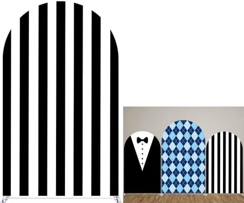 Black and White Stripes Arch Backdrop Cover with Stand for Boys Birthday Party Arched Frame Stretchy Fabric Covers Baby Shower Cake Banquets Parties Supplies Decorations3x5FT by ellteecz