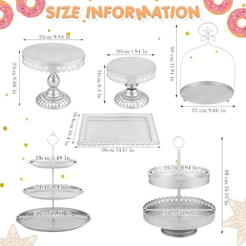 Lallisa 8 Pcs Cake Stands Set Metal Dessert Table Display Tiered Cupcake Holder Candy Donut Fruit Plate Cake Serving Tray with Handle Treats Serving Tower for Wedding Birthday Party (Sliver) - Image 3