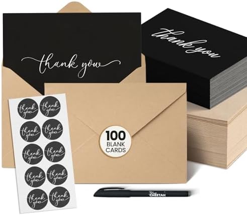 100 Pieces of Black Thank You Cards, Two Thank You Notes Designs, 4x6 Inch Thank You Card, Elegant Thank You Cards Baby Shower, Thank You Cards With Envelopes Bulk with 120 Stickers, Free Pen. by Unknown