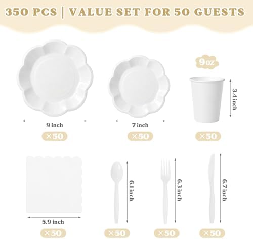 Vyntra White Paper Plates, Cups & Napkins, 350 Pcs Scalloped Party Set - Image 3