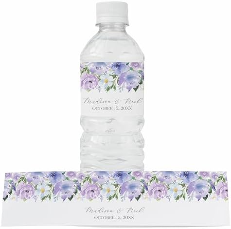 Personalized Water Bottle Labels with Choice of 30 Flower Styles - Choose Font and Pre-Made Phrases or Design Custom Text - LABELS ONLY (023 Purple Flowers, 2 inch (8.5x2")) by ThePaperedWedding