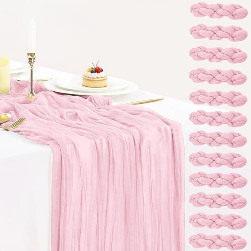 12 Pack Light Pink Table Runner Cheesecloth, Summer Rustic Sheer Gauze Table Runner 35x120 Inch for Wedding Baby Shower Bridal Shower Party Home Decorations by BlueTopCoLtd