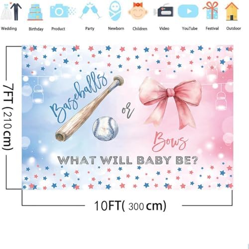 MEHOFOND 10x7ft Baseballs or Bows Gender Reveal Backdrop Boy or Girl What Will Baby Be Decorations Banner Pink and Blue Stars Gender Reveal Baby Shower Photography Background Cake Table Supplies - Image 4