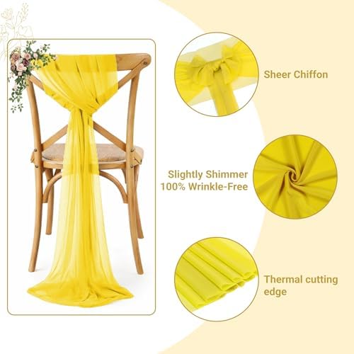 MDS Pack of 200 Chiffon Chair Sashes for Wedding & Event Décor - Yellow - Image 3