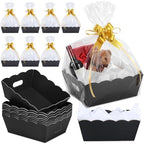 Fuyoooo 8 Pack Black Basket for Gifts Empty to Fill, 10" x 8" Thick Sturdy Kraft Scalloped Edge Gift Basket with Handle, 8 Wrap Bag 8 Bow 16 Tissue Paper for Christmas Wedding Birthday Wrapping Gift by Liraitoya
