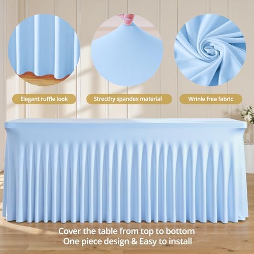 4 Pack Baby Blue Spandex Tablecloths for Rectangle Tables 6 Foot Blue Stretch Table Cloth Rectangle 6ft Elastic Fitted Table Cover with Skirt for Wedding Baby Shower Boy Birthday Party Banquet Buffet - Image 6