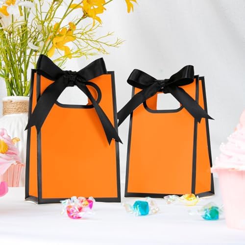 AmazingSpark 50 Pcs Orange Black Mini Gift Bags Bulk 6.3 x 3.9 x 2.8 Inch Party Favors Elegant Small Gift Bags with Handles and Ribbon Bows for Wedding Birthday Bridal Baby Shower Party Favors - Image 3