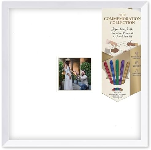 Solid Wood Signature Frame With Square Opening - White Wood - White Double Mat - Guest Book Alternative With Gel Pens Made in the USA by CustomPictureFrames