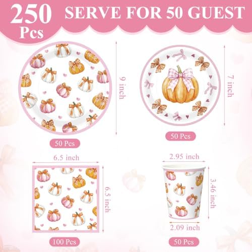 Ziliny 250 Pcs Pink Bow Pumpkin Paper Plates Napkins and Cups for 50 Guest - Image 3