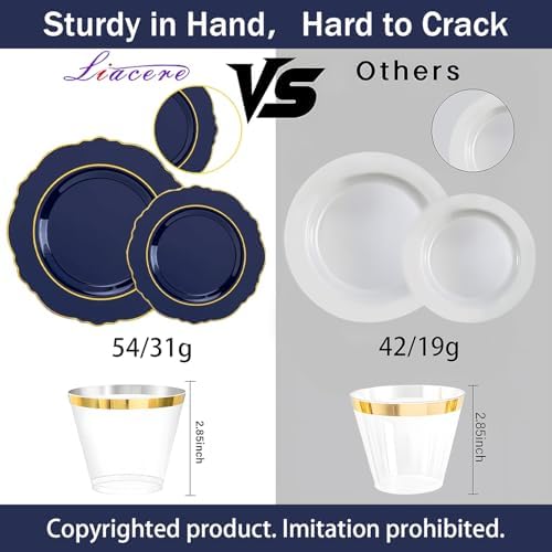 Liacere 350PCS Navy Blue Plastic Patriotic Plates-Disposable Blue Gold Plates 50guest Plastic Dinnerware include 100Plates,50Pack Pre Rolled Napkins with Silverware 50Cups for Party/Wedding/Labor Day - Image 6