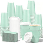 Whaline 100 Pcs Green Disposable Coffee Cups with Lids and Sleeves 16 Oz Light Green Insulated To Go Paper Cups for Home Restaurant Travel Wedding Birthday Baby Shower Party Supplies by Whaline