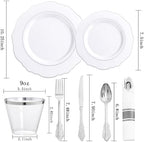Liacere 350PCS Silver Plastic Plates-Disposable White and Silver Plates 50guest Baroque Plastic Dinnerware Set include 100Plates, 50Pack Pre Rolled Napkins with Silverware 50Cups Perfect for Wedding - Image 6