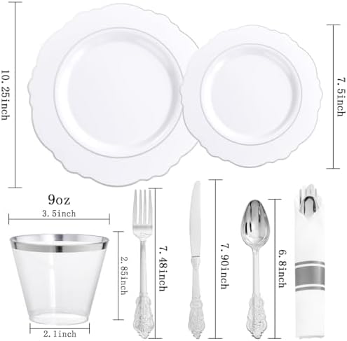 Liacere 350PCS Silver Plastic Plates-Disposable White and Silver Plates 50guest Baroque Plastic Dinnerware Set include 100Plates, 50Pack Pre Rolled Napkins with Silverware 50Cups Perfect for Wedding - Image 6