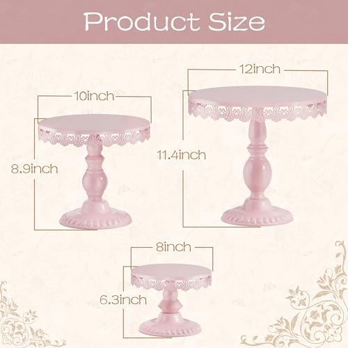 3 PCS Pink Cake Stands (8"&10"&12" Plate), Cupcake Stand with a lace Hollow Border Metal Cake Stand Set for Birthday Party, Wedding, Anniversary, Baby Shower - Image 5