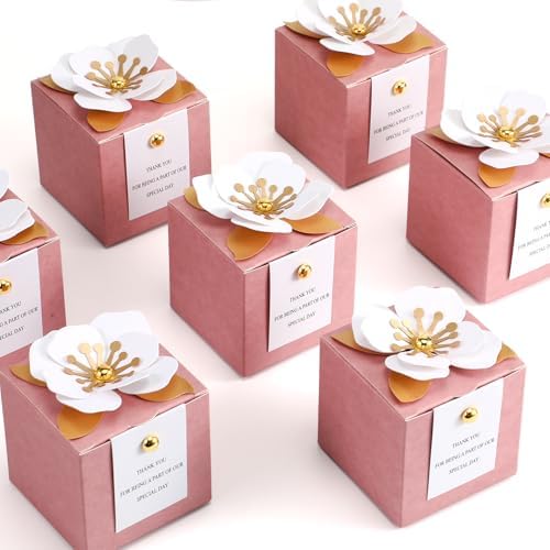 Affrolling 50 Pcs Wedding Favor Boxes, Square Flower Gift Box Party, Pink by Affrolling