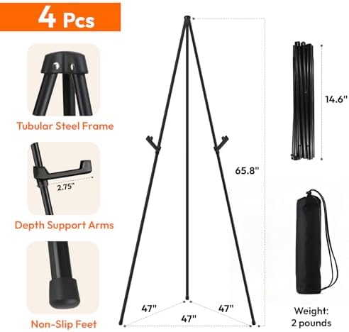 JEAWIWI 4 Pcs Lifhtweight Easel Stand, 66 Inch, Black, with Portable Bags - Image 2