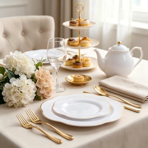 Liacere 50PCS White Plastic Plates - Heavy Duty Disposable - White and Gold Plastic Plates Include 25PCS 7inch and 10inch plates for Party & Baby Shower Gifts - Image 4