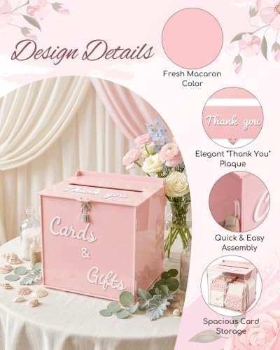 Dusty Rose Acrylic Wedding Card Box with Lock, 10" Card Holder with Slot - Image 4