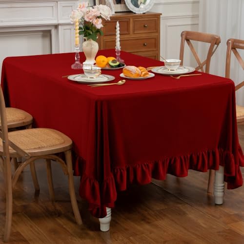 Red Velvet Ruffle Tablecloth, 60 x 84 Inch Rectangular - Image 2