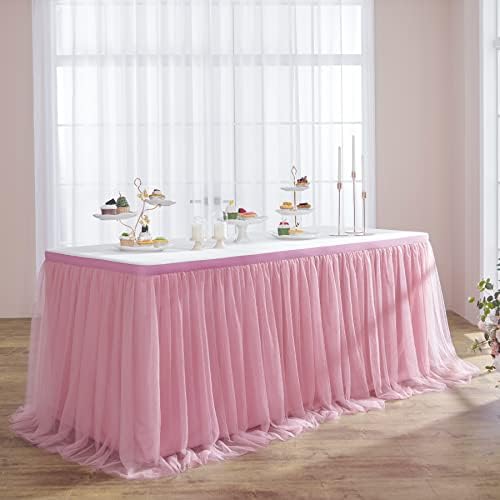 167in Dusty Rose Tulle Table Skirt for Rectangle Tables 6/8ft, 2-Layer Gold Grim Blush Pink Ruffle Tulle Tutu Cloth Table Skirt 14ft for Wedding Birthday Party Baby Shower Dessert(No Table Cover) - Image 2