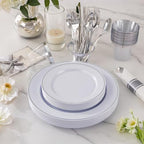 SUT 350 Pcs Silver Plastic Dinnerware Set for 50 Guests, Include: 50 Dinner Plates, 50 Dessert Plates, 50 Pre Rolled Napkins with Silver Silverware, 50 Cups, disposable plates for wedding, party - Image 4