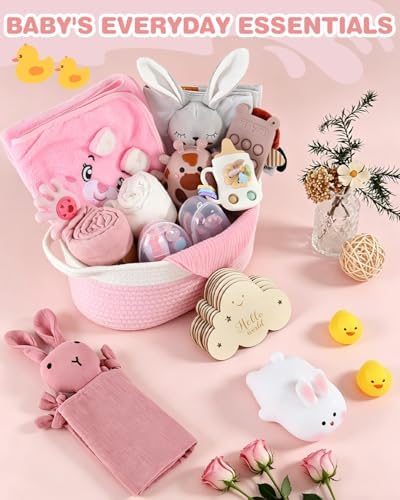Baby Shower Gifts for Girls, 26 Piece Deluxe Baby Gift Basket - Baby Girl Gift Basket with Bunny Night Light, Electric Nail Trimmer, Bath Towe, Rattle & Milestone Cards for New Mom(Pink) - Image 3