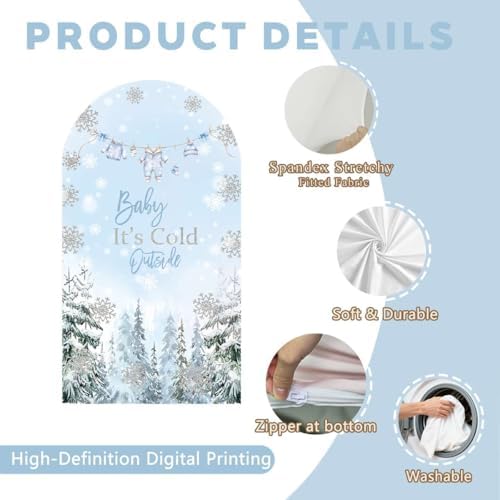 Baby It's Cold Outside Baby Shower Arch Backdrop Cover 6.6ft Winter Pastel Blue Boy Girl Party Snowflake Spandex Stretchy Fabric Arched Photo Background Welcome Sign Decorations 3.3x6.6ft - Image 3
