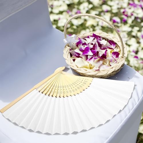 MCEAST 120 Pieces Wedding Handheld Paper Fans White Bamboo Folding Paper Fan with 120 Organza Bags Foldable Cool Wedding Favors Wedding Fans for Guests Party Favors DIY Decoration - Image 5
