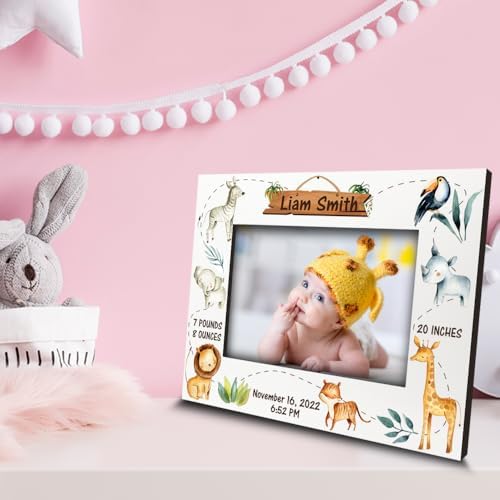 BELLA BUSTA- Personalized Birth Announcement Keepsake-Safari Animal Theme-Welcome Baby Picture Frame-Custom Animal Nursery Wall Art-UV Print (5x7 Horizontal) - Image 2