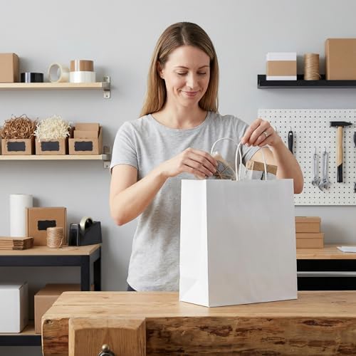 PAICUIKE 100Pcs White Kraft Paper Bags with Handles, 11x6x11 Inch Large Shopping Gift Bags for Valentine’s Day, Retail, Parties, Weddings, Birthdays, Gift Packaging - Image 5